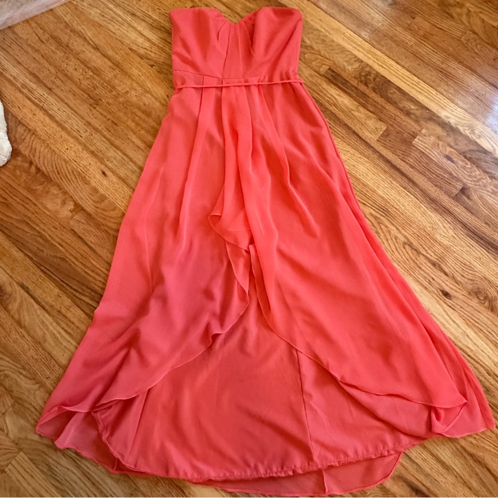 David's Bridal Strapless Coral High-Low Dress